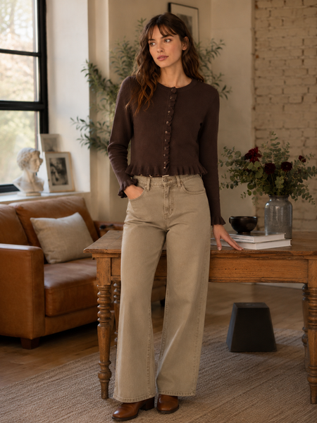 Calça straight sarja beje