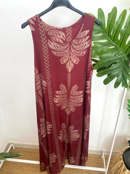 Vestido comprido malha fria palmeiras bordeaux