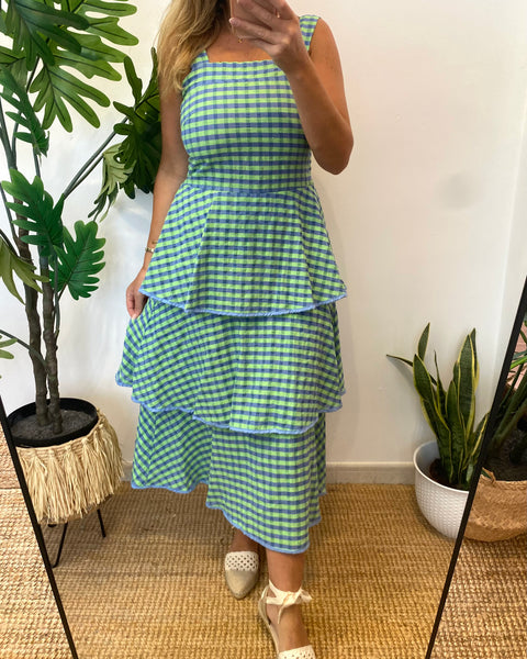 Vestido vichy folhos azul com verde
