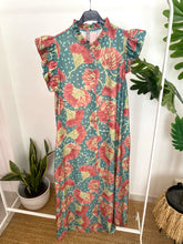 Carregar imagem no visualizador da galeria, Vestido camisa com folho manga estampa ginkgo turquesa
