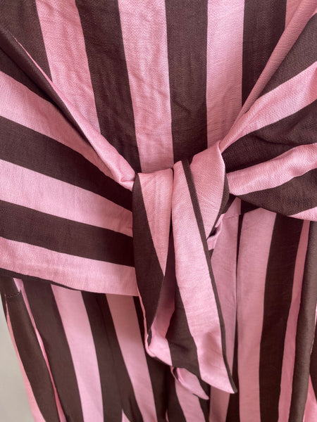 Vestido laçada riscas castanho e rosa