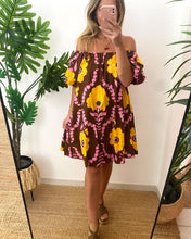 Carregar imagem no visualizador da galeria, Vestido curto manga balão estampa vintage amarelo e castanho
