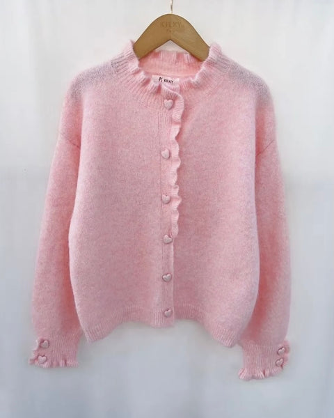 Casaco de malha com botões coração rosa