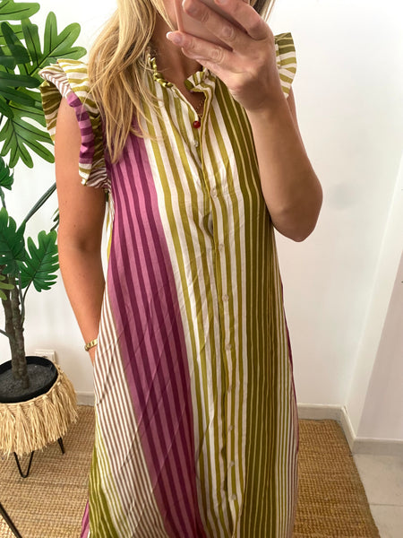 Vestido camisa riscas verde e rosa