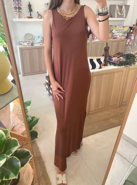 Vestido alças malha fria argila