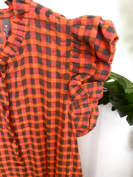 Vestido vichy folho manga laranja e beje