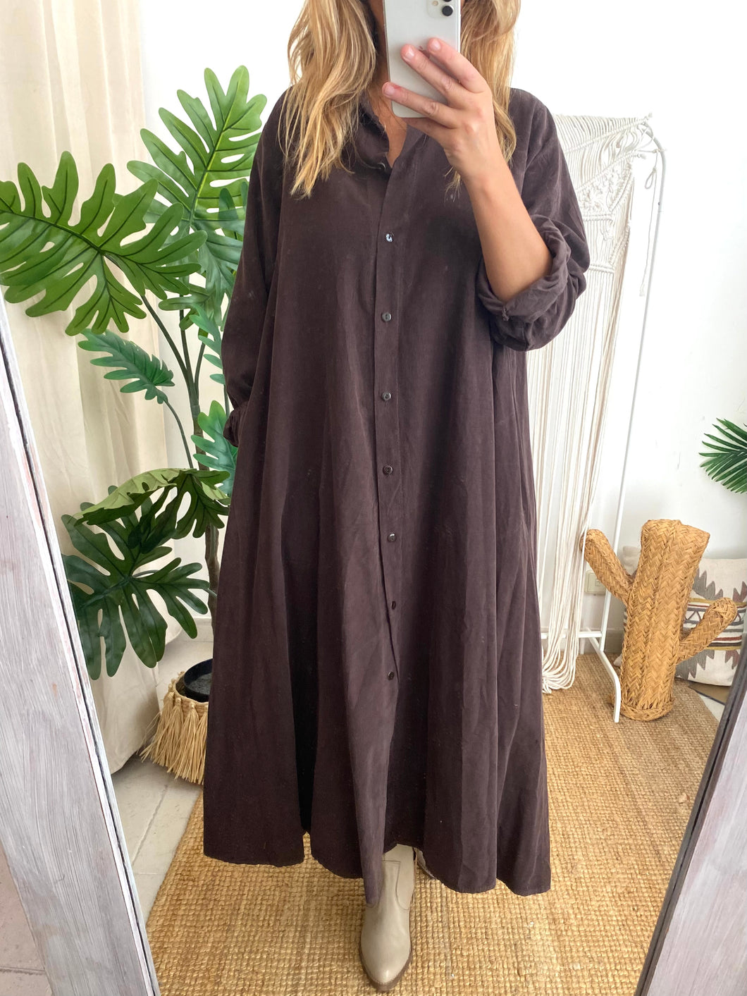 Vestido camisa bombazina castanho