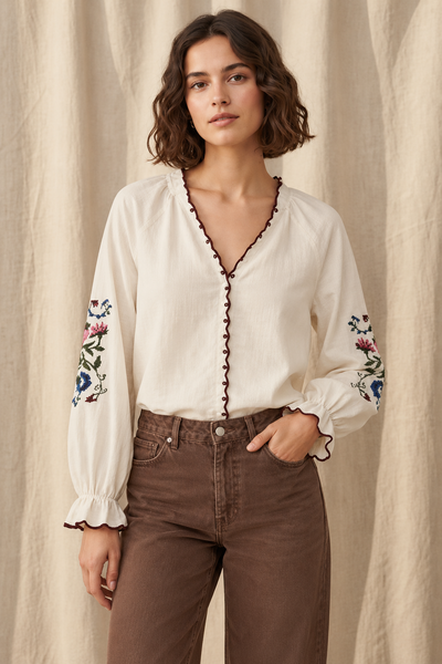 Camisa manga bordado flores