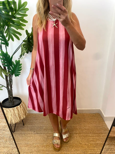 Vestido midi malha fria estampa riscas