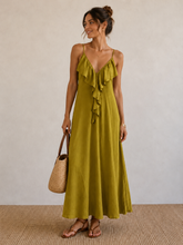 Carregar imagem no visualizador da galeria, Vestido alça fina com folho verde azeitona
