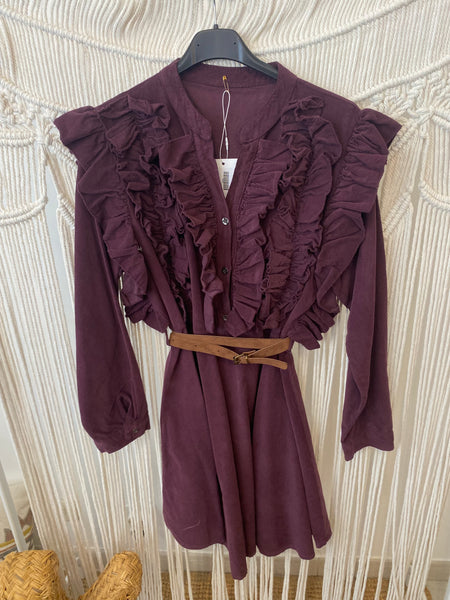 Vestido bombazina folhos c/cinto bordeaux