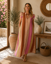 Carregar imagem no visualizador da galeria, Vestido camisa riscas laranja e rosa
