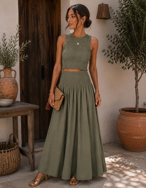 Conjunto franzido top e saia kaki