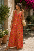 Carregar imagem no visualizador da galeria, Vestido comprido malha fria flores laranja e rosa
