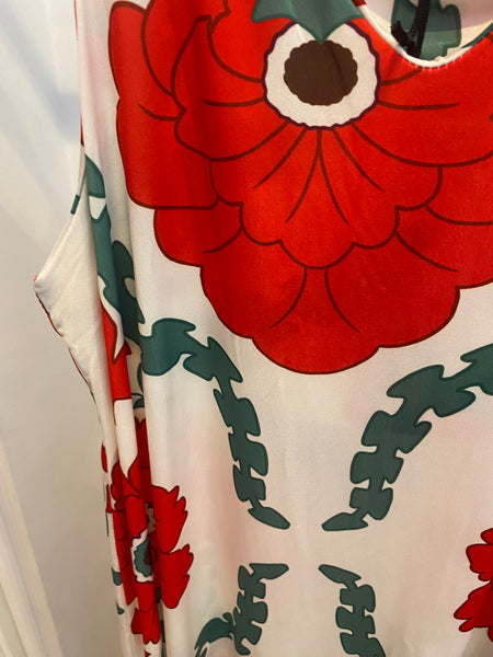 Vestido comprido malha fria estampa papoilas branco