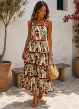 Carregar imagem no visualizador da galeria, Vestido Sevilha riscas e flores verde
