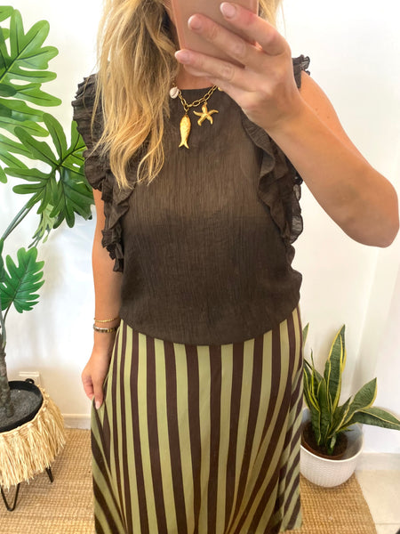 Blusa castanha com folhos ombro