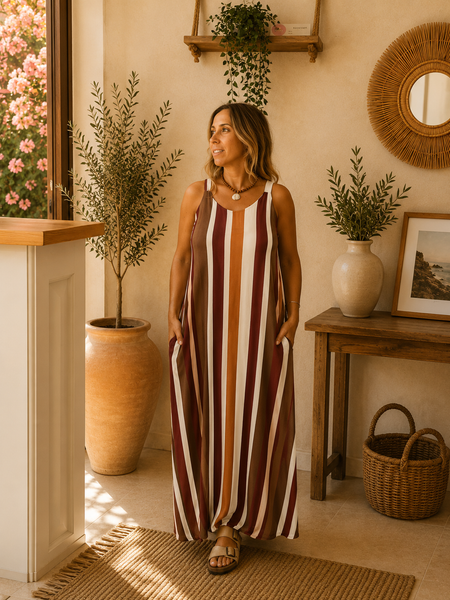 Vestido riscas comprido malha fria com bolsos Bordeaux