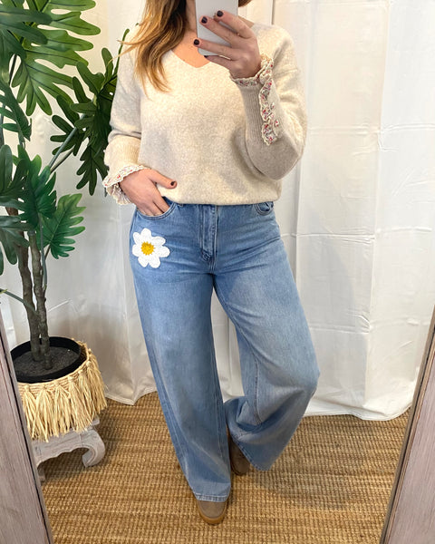 Camisolas de malha com punho florzinhas beje