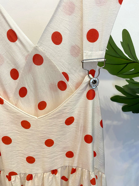 Vestido jardineira bolas branco/vermelho