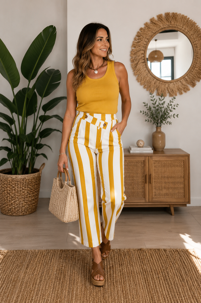 Calças baloon riscas amarelo