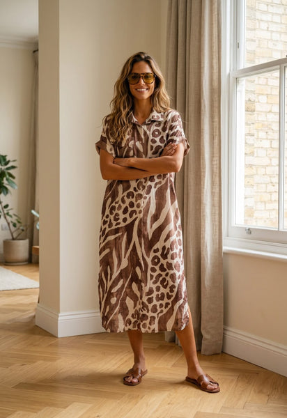 Vestido camisa estampa animal print castanho
