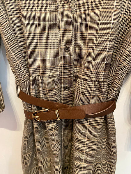 Vestido camisa quadrados com cinto beje