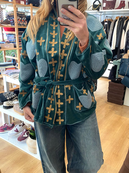 Casaco de veludo bordado petróleo