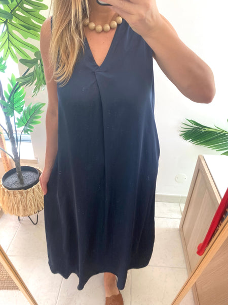 Vestido acetinado cavas marinho