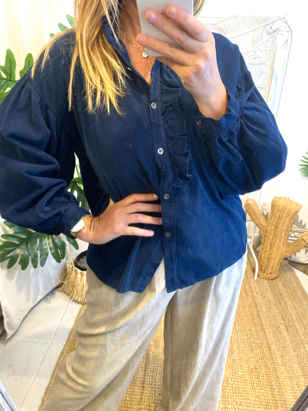 Camisa bombazina folhinho azul marinho