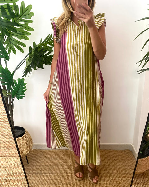 Vestido camisa riscas verde e rosa