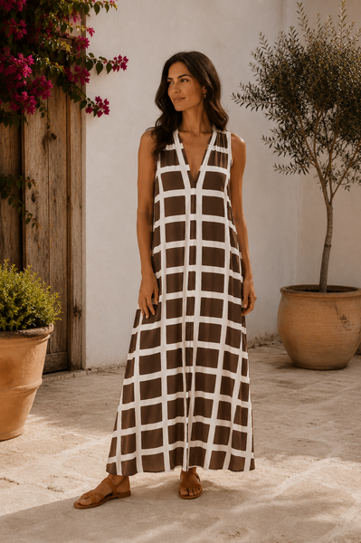 Vestido malha fria quadrados castanho