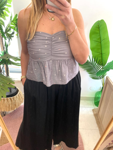 Crop top padrão cruzinhas cinza