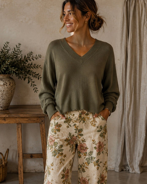 Camisola de malha decote V verde