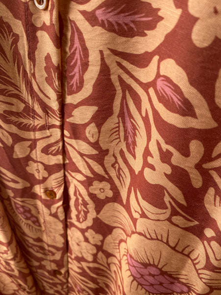 Vestido camisa com folho manga estampa peónia laranja
