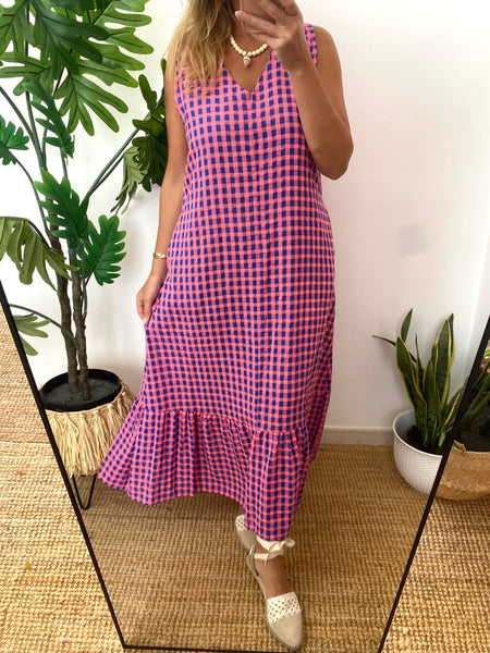 Vestido vichy rosa e azul