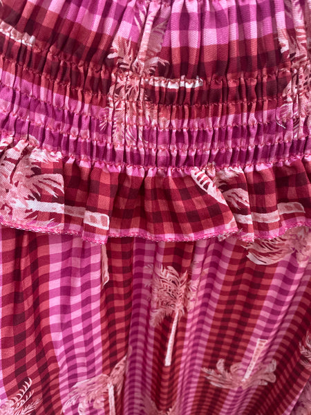 Vestido gola franzida palmeiras rosa e vermelho