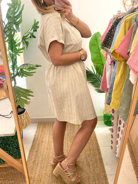 Vestido beje riscas finas Naf Naf