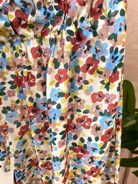 Calças pantalonas estampa florzinhas rosa/azul