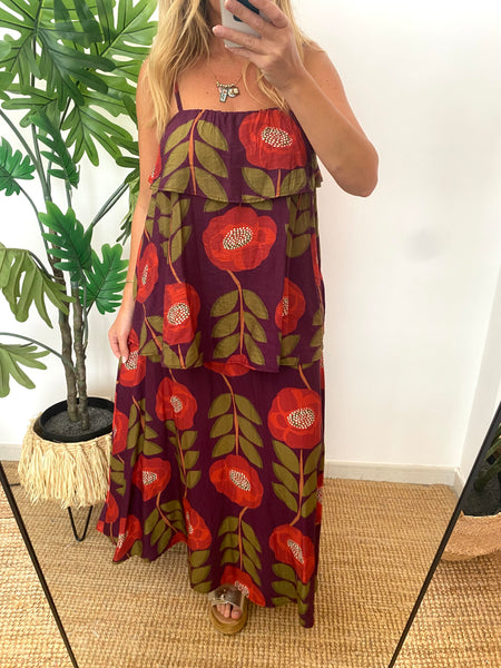 Vestido papoilas com folhos largos vermelho