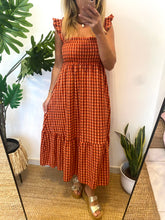 Carregar imagem no visualizador da galeria, Vestido vichy alças franzidas tijolo e laranja
