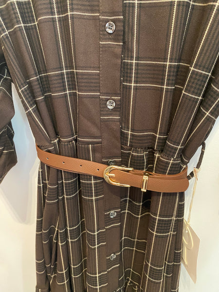 Vestido camisa quadrados com cinto castanho