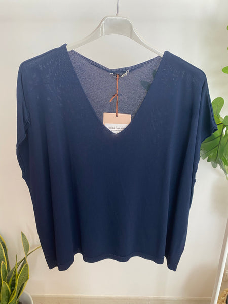 Camisola de malha decote V azul marinho