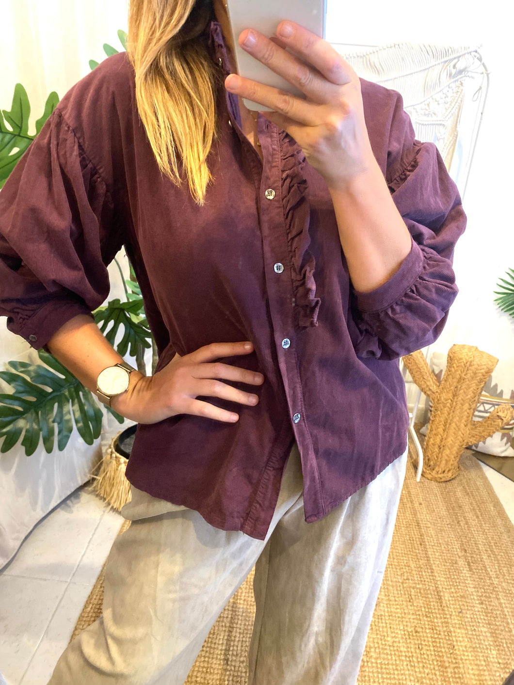 Camisa bombazina folhinho bordeaux