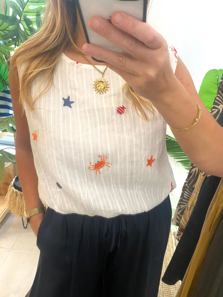 Blusa crop bordado mar