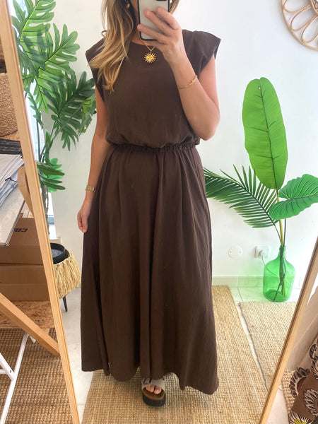 Conjunto de blusa e saia crepe castanho
