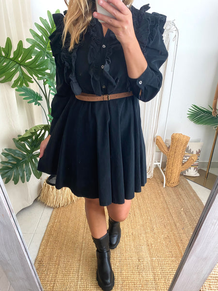 Vestido bombazina folhos c/cinto preto