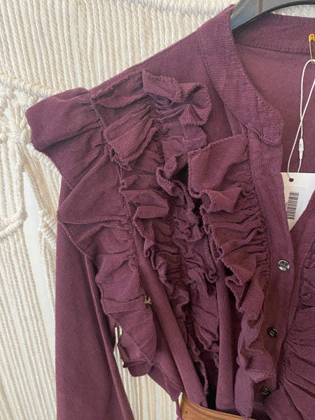 Vestido bombazina folhos c/cinto bordeaux
