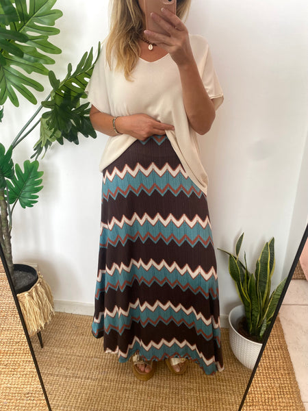 Saia malha fria zigzag turquesa e castanho
