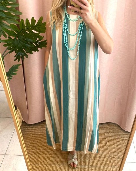 Vestido riscas beje/turquesa